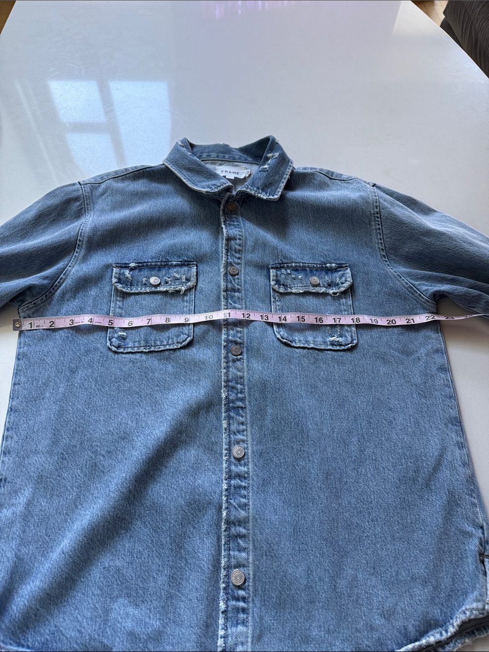Frame Denim Light Blue Distressed Denim Shirt Jacket, Relaxed Fit, Unisex - Picture 10 of 13